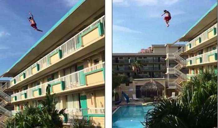 Rrezikon jetën duke u hedhur nga kati i 4 i hotelit në pishinë (Video)