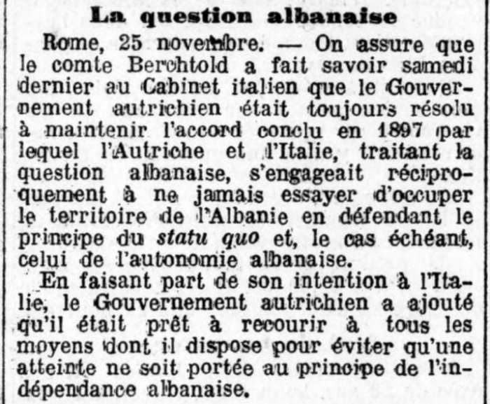 LE PETIT TROYEN (26 NËNTOR  1912) / QEVERIA AUSTRIAKE NDAJ ASAJ ITALIANE : “TË MOS PREKET SHQIPËRIA ! TË RESPEKTOJMË MARRËVESHJEN E 1897 !”