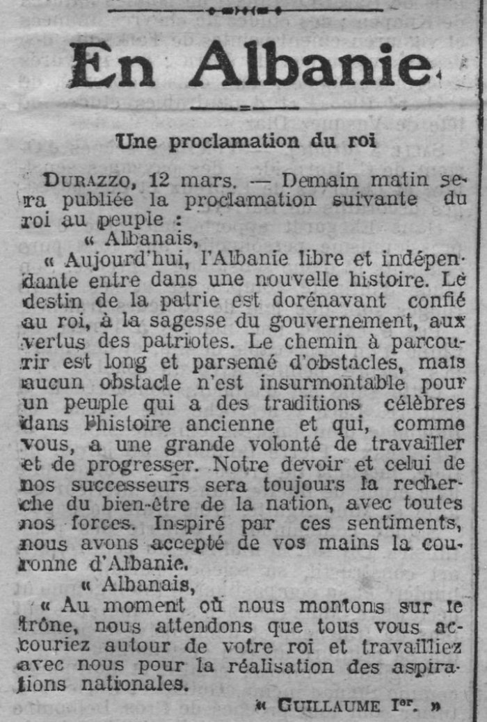 'Le Radical' (1914) Deklarata e Princ Vidit, para ngritjes në fron, për popullin shqiptar